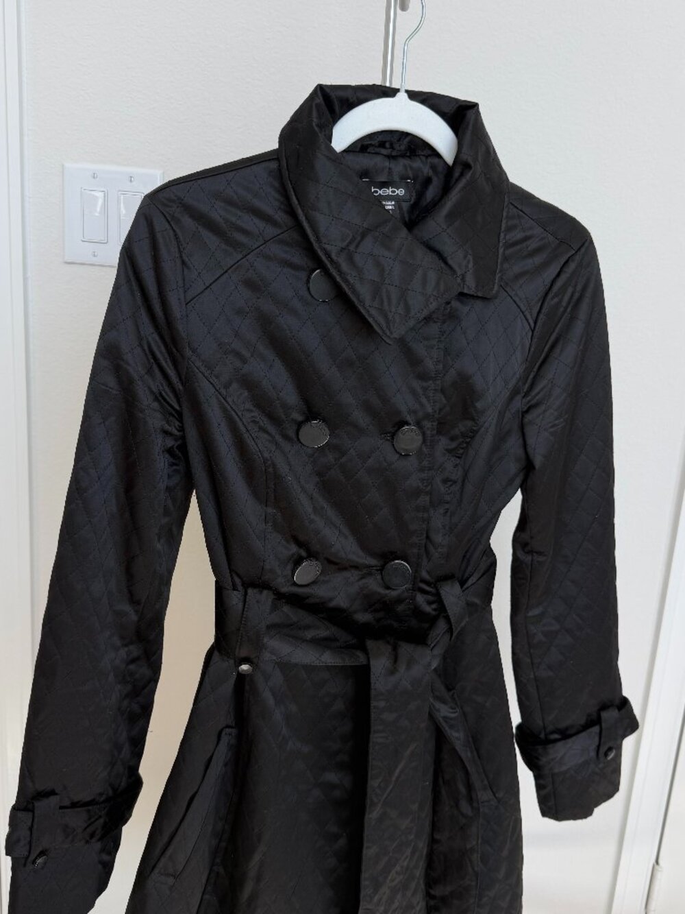 Bebe Black Quilted Belted Trench Coat Jacket Size Small